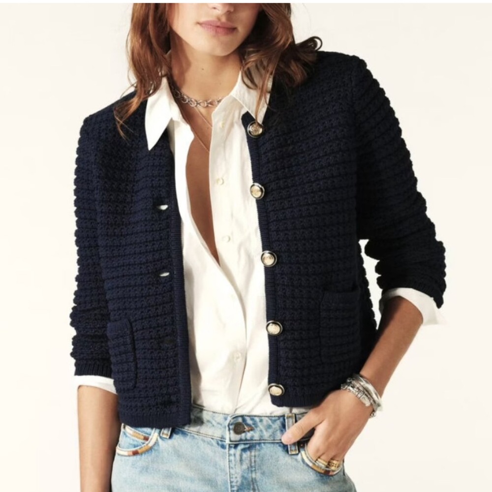 ba&sh Navy Textured Knit Button Cardigan
